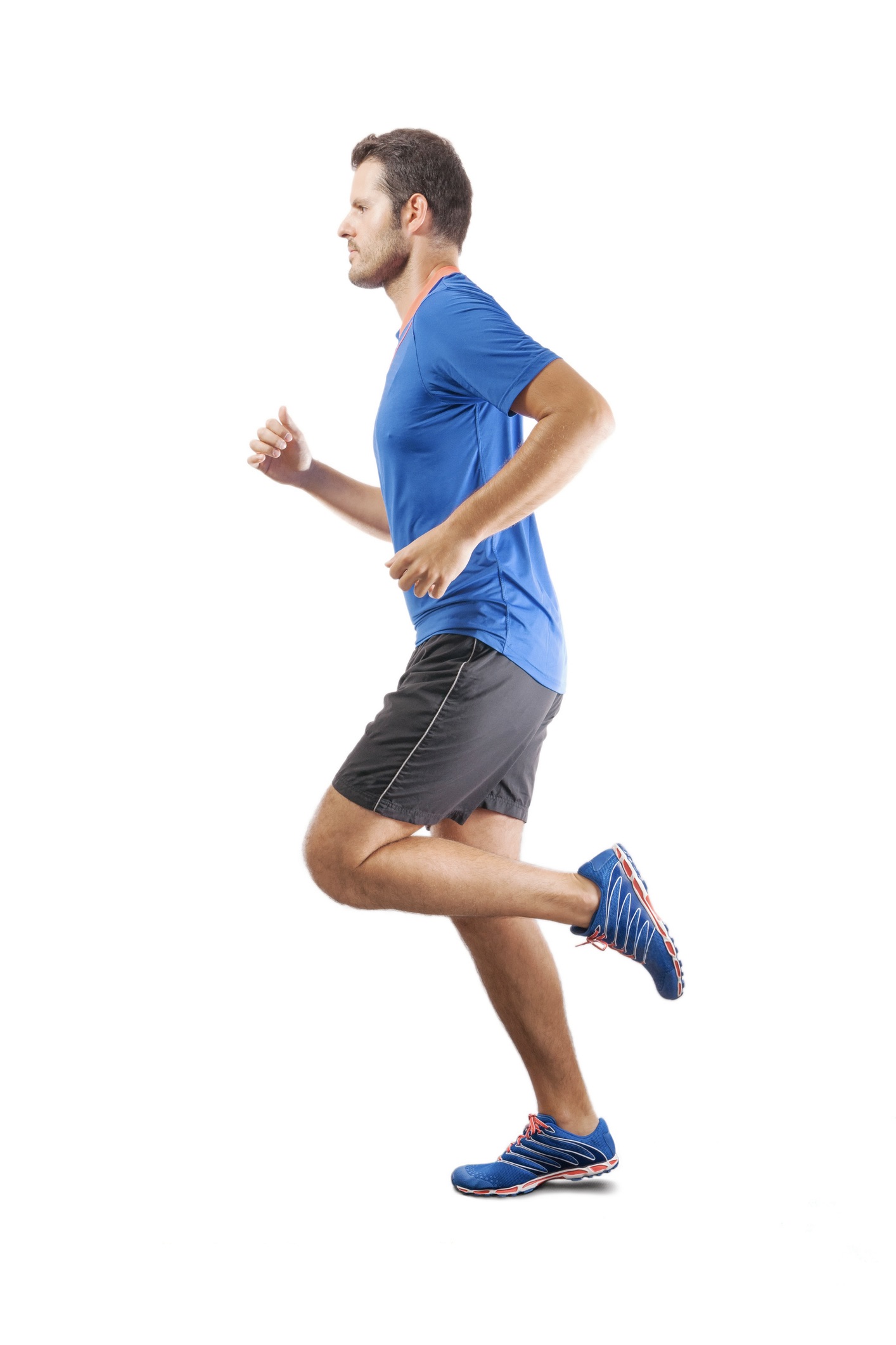 Young attractive athlete running and showing perfect running technique Man in a blue shirt jogging